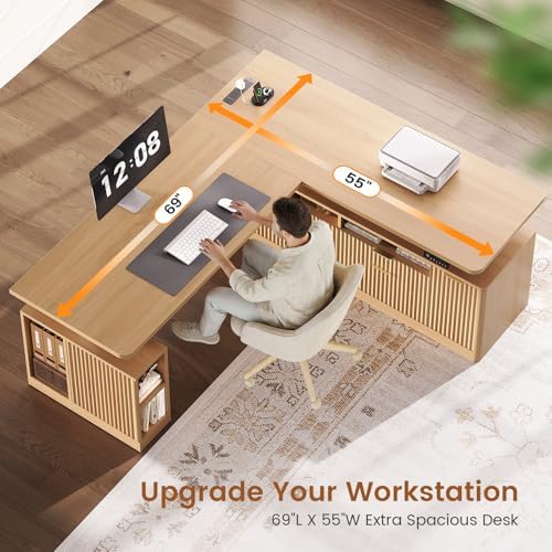 SEDETA Fluted L Shaped Executive Electric Standing Desk with 4 Drawers