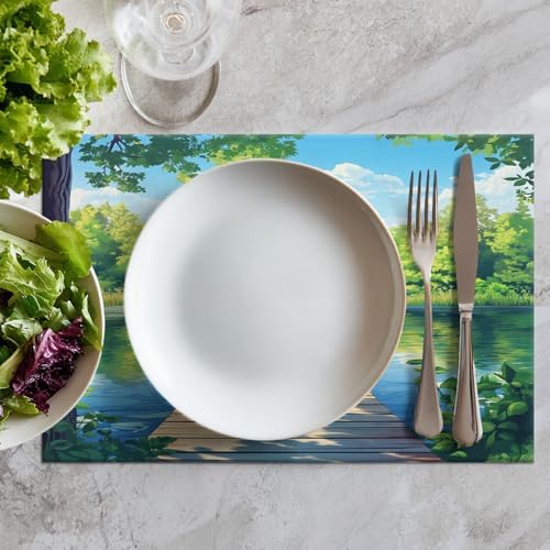 Batmerry Retreat Wooden Structure Linen Placemats Set of 6, Forest Setting Water Body Washable Table Mats for Kitchen Table Thickened Heat Insulation Dining Set Indoor Outdoor 12X18 in