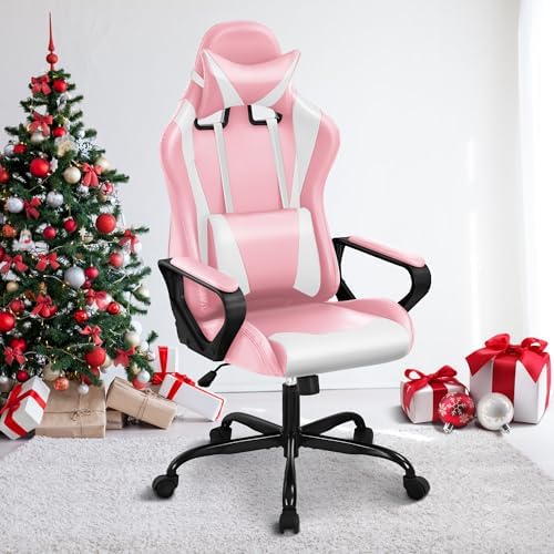 Pink Gaming Chair for Adults - High Back Ergonomic Office & PC Gaming Chair with Wheels, Reclining & Adjustable Headrest & Lumbar Support