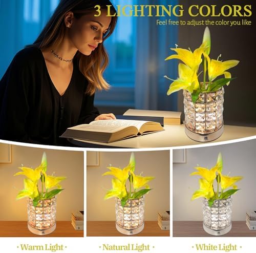 Lily Flower Lamps, Rechargeable Cordless Small Desk Lamp, 3 Colors Dimmable Artificial Flowers Night Light, Fake Bouquet 3 Lilies with Crystal Vase for Home Date Party Decoration (Yellow - Lily)