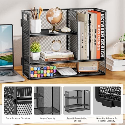 Marbrasse Desk Shelf Organizer with Handle, Bookshelf File Holder, Black