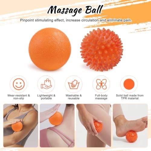 Aucuu 6 in 1 Foam Roller Set Includes Hollow Core Massage Roller, Yoga Stick, Massage Ball, Fitness Stretching Strap, Carrying Bag, Towel, Massage Roller (Orange)