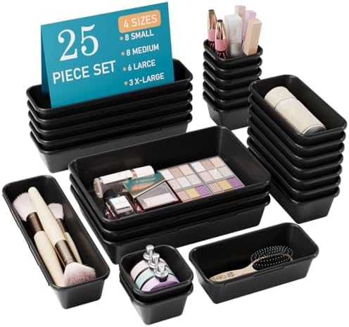Kutesna 25 PCS Drawer Organizers Set, 4 Size Plastic Storage Bins（Black ）