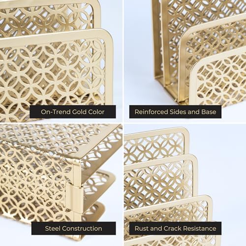 BLU MONACO | Gold Desk Mail Organizer with Three-Tier Letter Holder | Metal Mail Sorter for Home Office | Powder-Coated Finish | 10.5 x 3.25 x 5 Inches