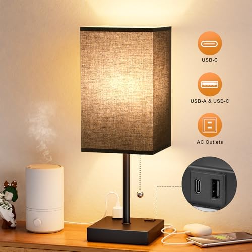 Black Lamp for Bedroom - 3 Color Temperatures, USB A+C, 2 AC Outlets