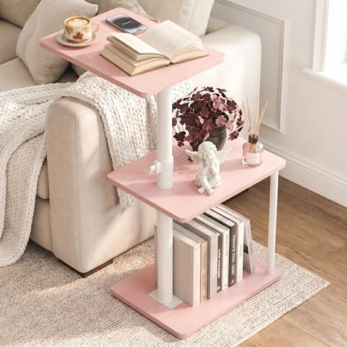 Faesun Swivel Side Table for Couch Arm, Adjustable C End Table for Recliner or Bed, Tv Trays with Storage Shelf for Small Spaces Small Nightstand Table for Living Room, Bedroom，Pink