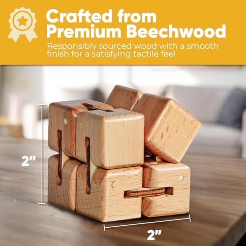BunMo Wooden Fidget Cube – Beechwood Infinity Cube Fidget Toy, Larger One Pack – Smooth Folding Pocket Fidget, Natural Wood Sensory Cube for Desk or Travel