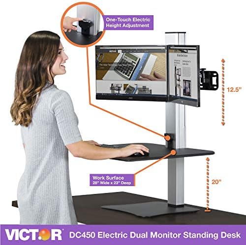 Victor High Rise Electric Sit-Stand Standing Desk Converter with Dual Monitor Stand - Height Adjustable Office Desk Workstation for Home, 28" x 23" Work Surface, Black
