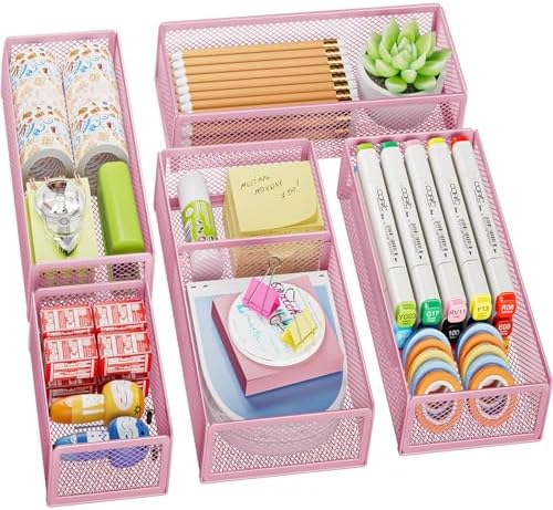 Marbrasse 5 Pack Desk Drawer Organizer Set, Mesh Drawer Storage Trays with 1 Adjustable Divider, Desk Organizers and Accessories, 5 PCS Drawer for Office Supplies, Makeup & Vanity (Pink)