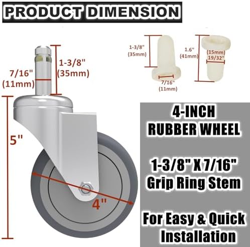 RILIDRI 4-Inch Swivel Stem Caster, 7/16-Inch Stem Diameter Rubber Wheel, Heavy Duty TPR Replacement Wheels for Rubbermaid Mop Bucket Cart Grill Casters - 8 Pack