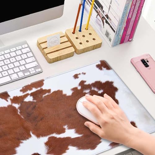 Brown Cowhide Print Gaming Mouse Pad, Extended Large Mouse Mat Desk Pad, Big Computer Keyboard Desk Pad, Stitched Edges Mousepad, 3mm Thick Long Non-Slip Rubber Base Mice Pad, 31.5 X 11.8 Inch