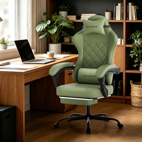 Gaming Chair with Footrest, Ergonomic Leather Computer Chair with Lumbar Support, Height Adjustable High Back Swivel Office Chair for Adults, Gamer Chair for Gaming, Working,Green