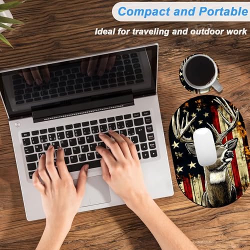 Small Mouse pad, Portable, Waterproof Non-Slip Rubber Bottom, Suitable for Wireless Mouse, Laptop Keyboard Tray for Both Men and Women, Office Travel 7.1x10.6in，Deer with American Flag