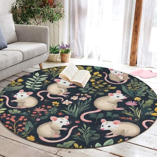 Large Home Decor Mat, Soft Round Yoga Carpet, Non Slip Machine Washable Home Office Circle Rug Green Leaves Opossum Floral