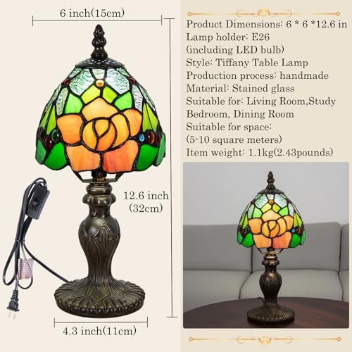 Small Tiffany Table Lamp, 3 Color-Temperature Roses Stained Glass Lamp,6 Inch Tiffany Style Lamp for Bedroom Living Room Home, Handcrafted Light, Included Bulb (Yellow)