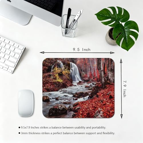9.5x7.9 Inch Office/Gaming Mouse Pad, Autumn Waterfall Scenery Forest Stream & Fall Foliage, Cute Anti-Slip Mat for Desk Decor
