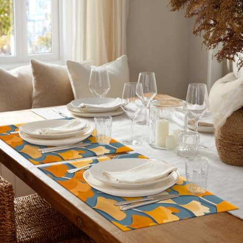 Shrahala Autumn Ginkgo Leaves Set of 8 12 X 18 Inch Linen Placemats, Yellow Leaves Blue Background Burlap Table Mat Washable Double Layered Heat Insulation for Indoor