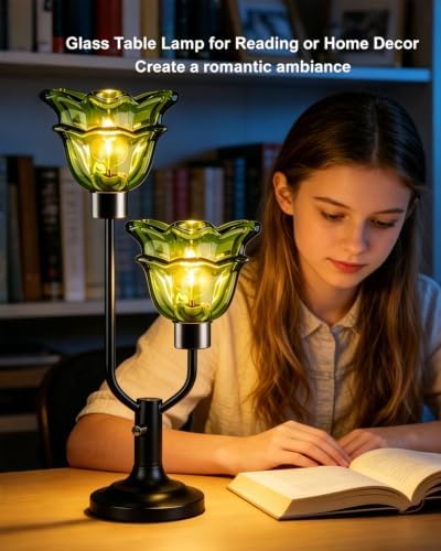 Mid Century Modern Flower Green Table Lamp for Living Room Dimmable