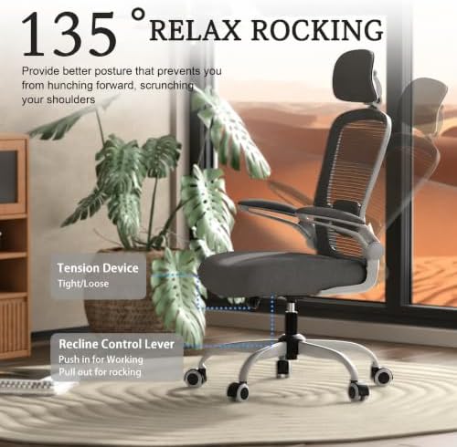 Mimoglad Office Chair, High Back Ergonomic Desk Chair with Adjustable Lumbar Support and Headrest, with flip-up Armrests for Guitar Playing, 5 Years Warranty (Modern, Grey/Gray)
