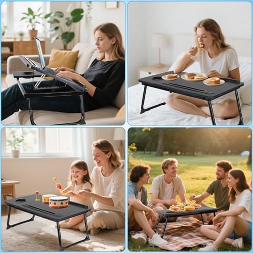 Laptop Bed Desk, Adjustable Lap Desk, Small Laptop Table with USB Charge Port, Desktop Card &Pen Slot, Cup Holder, Foldable Bed Tray Table for Couch Sofa Chair Floor Eating Working