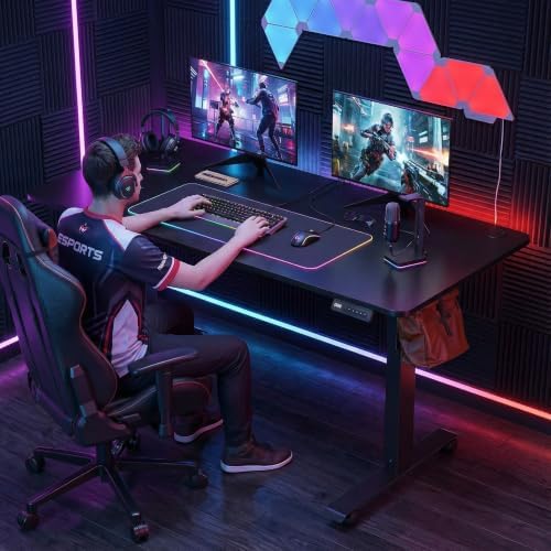 Electric Standing Desk, 55x24in Adjustable Height Computer Desk with Wheels, Sit-Stand Desk with Charging Station, 2 USB Ports, 3 Power Outlets, Spacious Workstation for Home Office(Black)