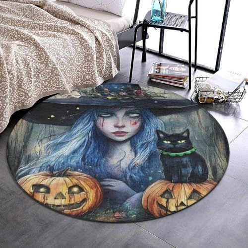 Room Sofa Yoga Soft Round Carpet, Home Decor Non Slip Kitchen Office Circle Rug, Machine Washable Modern Round Area Rug Halloween Pumpkin Black Cat Magic Witch Painting, 24inch