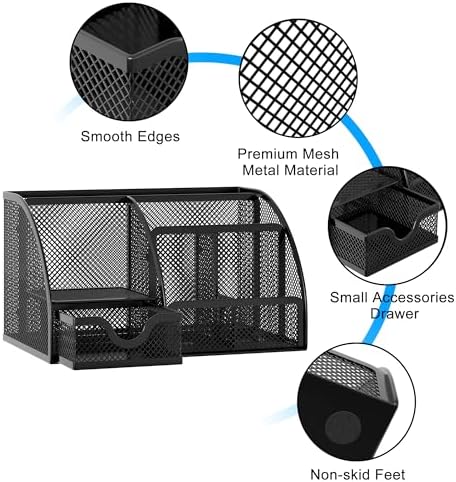EasyPAG Mesh Desk Organizer with Drawer Multi-functional Pen Holder Stationery Organizer for Office School Supplies 6 Compartments Dorm Organizers and Storage for Desk, Black