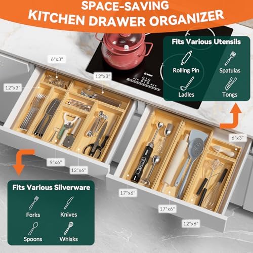 Lixple Bamboo Kitchen Drawer Organizer, 2 Pack, 15" x 6" x 2"