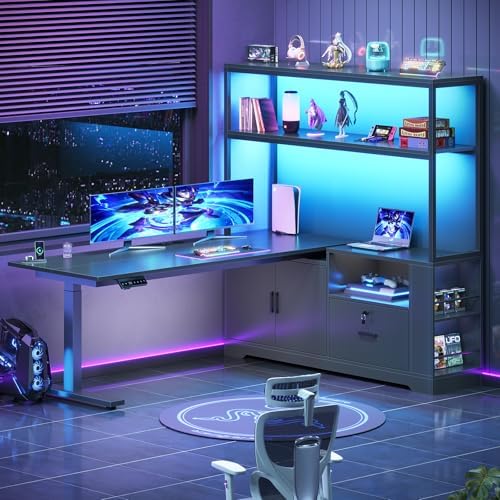 SEDETA 57" L Shaped Standing Desk, Sit Stand Office Desk with Storage Hutch