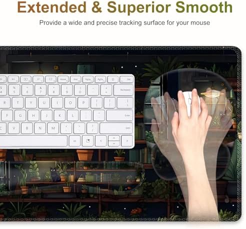 Aesthetic Green Plant Books Mouse Pad with Wrist Support 4 in1 Set, XXL Big Game Mousepad + Keyboard Wrist Rest + Mouse Wrist Rest Pad +Coaster Gaming Mat for Work Study I Japanese Anime Lofi Cat