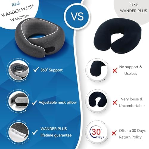 WANDER+® Travel Neck Pillow, Pure Memory Foam Neck Pillow for Airplanes, Comfortable Breathable Cover, 360 Degree Support Ergonomic Design Best for Sleeping Plane Train Travel Essentials Max Sky Blue