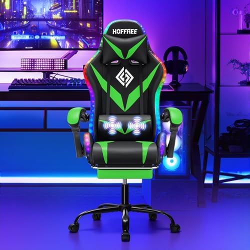 HOFFREE Gaming Chair with RGB LED Lights,Racing Style Computer Chair-Green