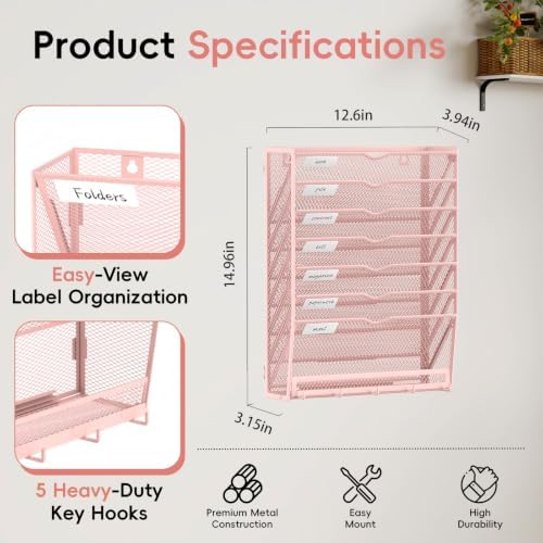 Wall File Holder Hanging Wall File Organizer, Wall Mount Mail Holder and Paper Organizer with Bottom Shelf & 5 Hooks for Office Home School (8-Tier Pink)