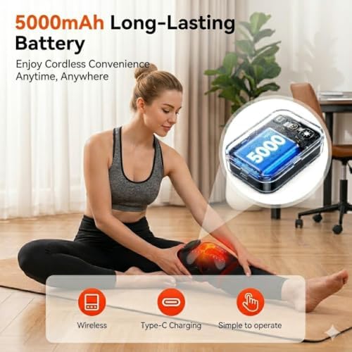 Red Light Therapy Knee Massager Device, 660nm & 850nm Infrared Heat & Vibration Cordless Knee Massager 5000mAh Rechargeable for Knee, Elbow, Shoulder Joint Massage Therapy-Black
