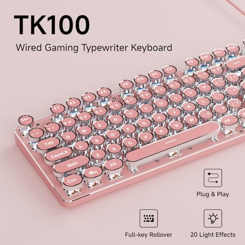 Wired Typewriter Style Mechanical Keyboard with White Backlit, Cute-Pink
