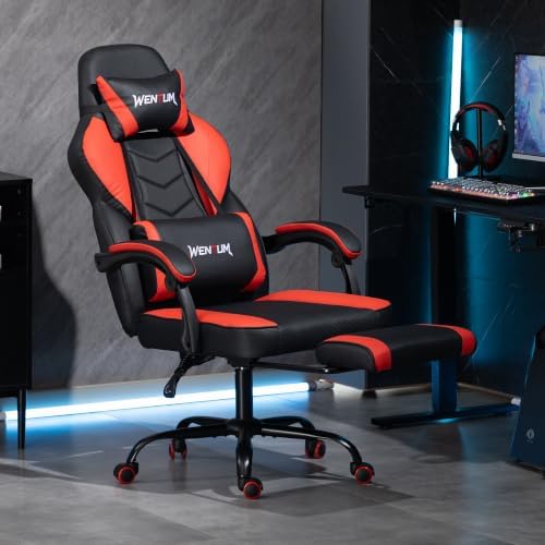 Ergonomic Gaming Chair, Massage & Footrest,350lb Capacity,Breathable PU,Red