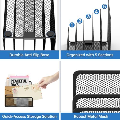 Mail Organizer with 5 Slot Mail Holder for Desk Black