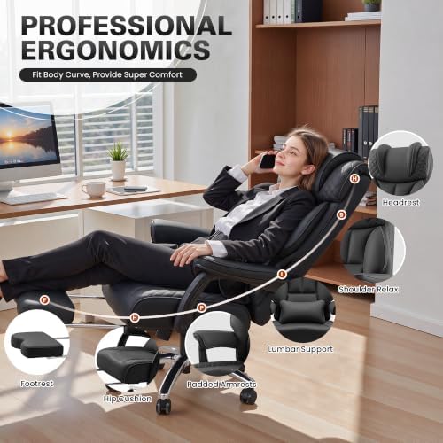 BestGlory Office Desk Chair, Big and Tall Leather Gaming Chair with Footrest, Ergonomic Comfy Executive High-Back Reclining Computer Chairs, Wide Swivel Rolling Wheels and Padded Lumbar Support, Black