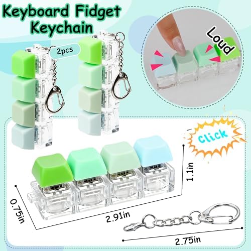 2 PCS Keyboard Fidget Toy, Keyboard Fidget Keychain 4-in-1 Keyboard Decompression Button Finger Clicker Toys, Button Stress Relief Fidget Gifts to Relief Stress (Fours Colors-Green)