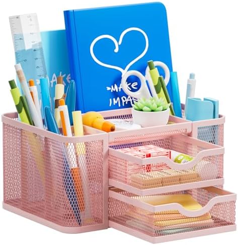Marbrasse Mesh Desk Organizer, Pen Organizer with 2 Drawer, Multi-Functional Pencil Holder, Desk Organizers and Accessories with 5 Compartments + Drawer for Office Art Supplies (Pink)