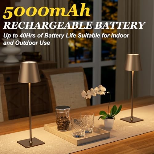 Kakanuo Brown Cordless Rechargeable Table Lamp 5000mAh Battery Operated Lamps, 3 Colors Stepless Dimming Touch Lamp for Living Room, Kitchen Counter, Dining, Outdoor Patio, 2 Pack