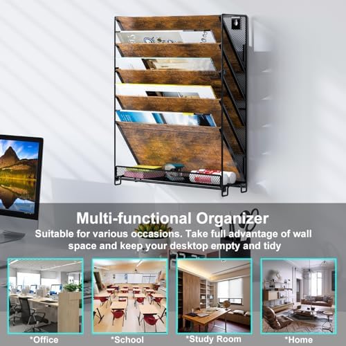 PAG-Mass Wall File Organizer for Office, 6-Tier Rustic Hanging File Holder Wall Storage Rack for Documents/Magazine/Literature/File Folders/Mails/Envelopes, Brown