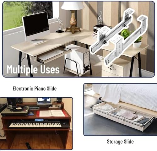 V3VOGUE 1-Pair Heavy Duty Metal Runners Slides 50kg Load - with Ball Bearing and Height Adjustable, for Drawer/Keyboard Shelf/Bookshelves/Piano, Under Desk Keyboard Tray Sliding Rails