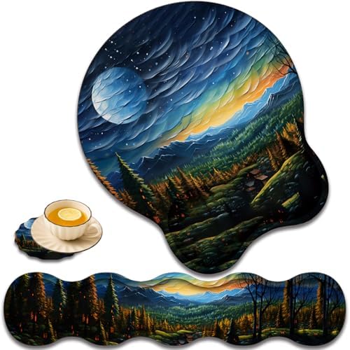 Keyboard Wrist Rest and Mouse Pad Wrist Support with Lace-Shaped Coaster Set, Ergonomic Gel Memory Foam and Anti-Slip Base, Easy Typing and Pain Relief - Art Moon Starry Night