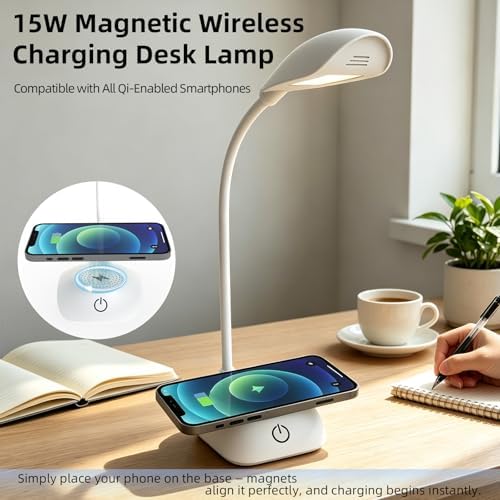 Desk Lamp with Wireless Charger College Dorm Home Office Bedside White