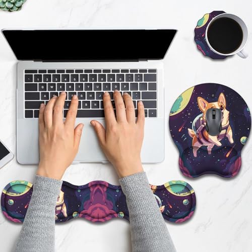 Keyboard Wrist Rest and Mouse Pad Wrist Support with Lace-Shaped Coaster Set, Ergonomic Gel Memory Foam and Anti-Slip Base, Easy Typing and Pain Relief - Space Corgis
