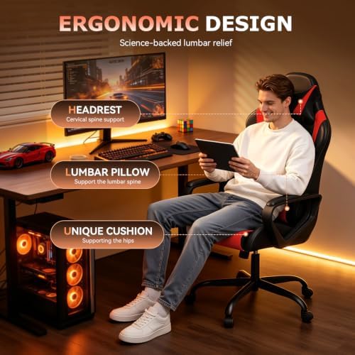 BestOffice Ergonomic Gaming Chair for Adults, Video Game Chair, Red