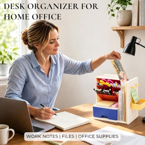 Desk Organizer with Drawer, Pen Holder with Slanted Pen Grooves Color