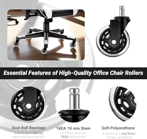 3" Office Chair Caster Wheels with 10mm Stem 1KEA ONLY, Heavy-Duty Rubber Chair Casters Replacement Set of 5, Desk Chair Wheels, Quiet & Smooth Rolling for All Floors (Hardwood, Carpet)