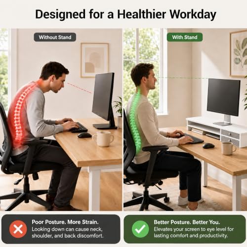 Dual Monitor Stand, 42.5 Inch Wood Monitor Riser with Drawers, 2 Tier Desktop Organizer for Computer Laptop TV, Large Screen Stand for Home Office Desk